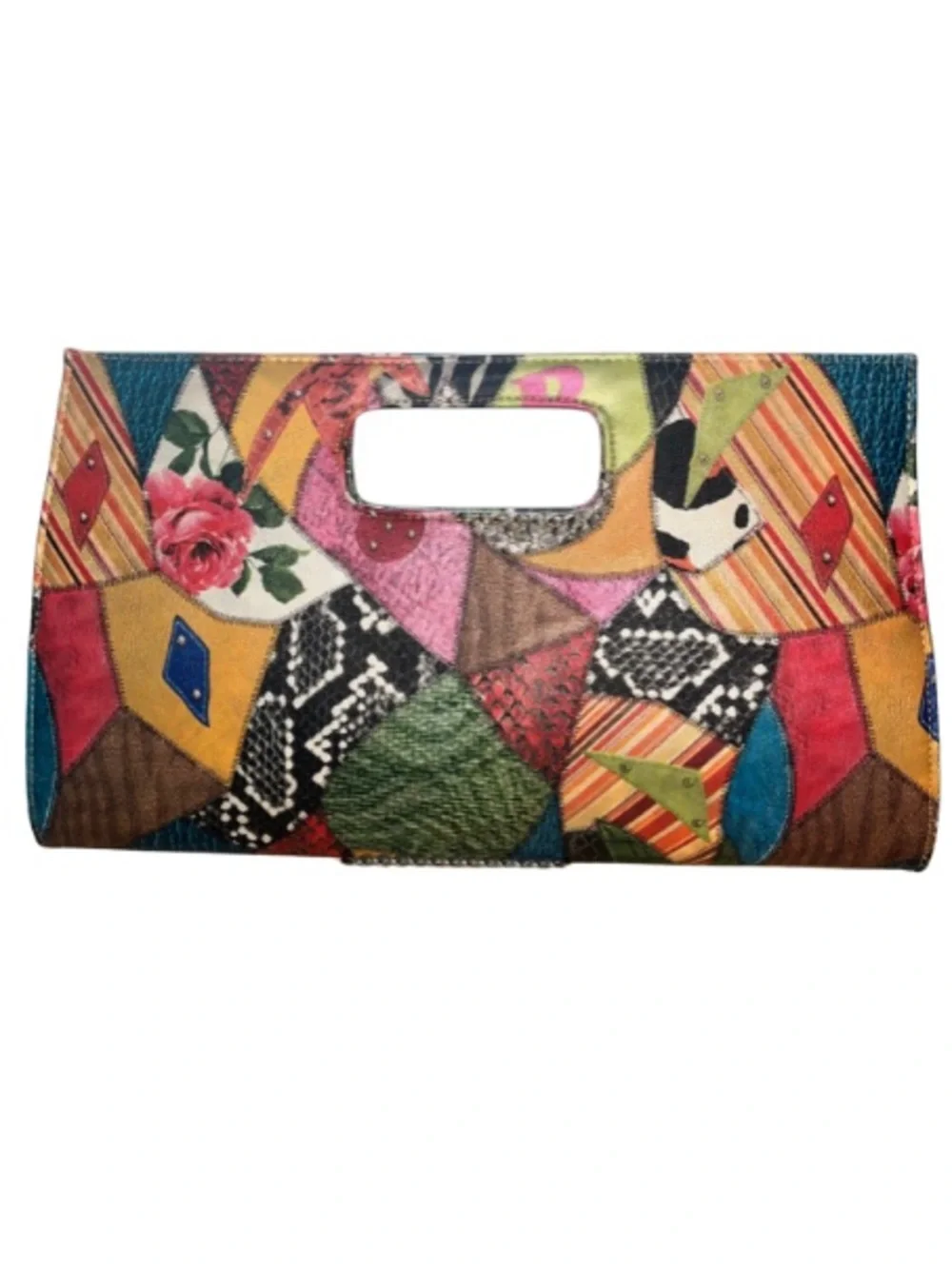 Vtg 80s 90s Multicolor Patchwork Envelope Clutch Purse Faux Snakeskin Boho NWOT